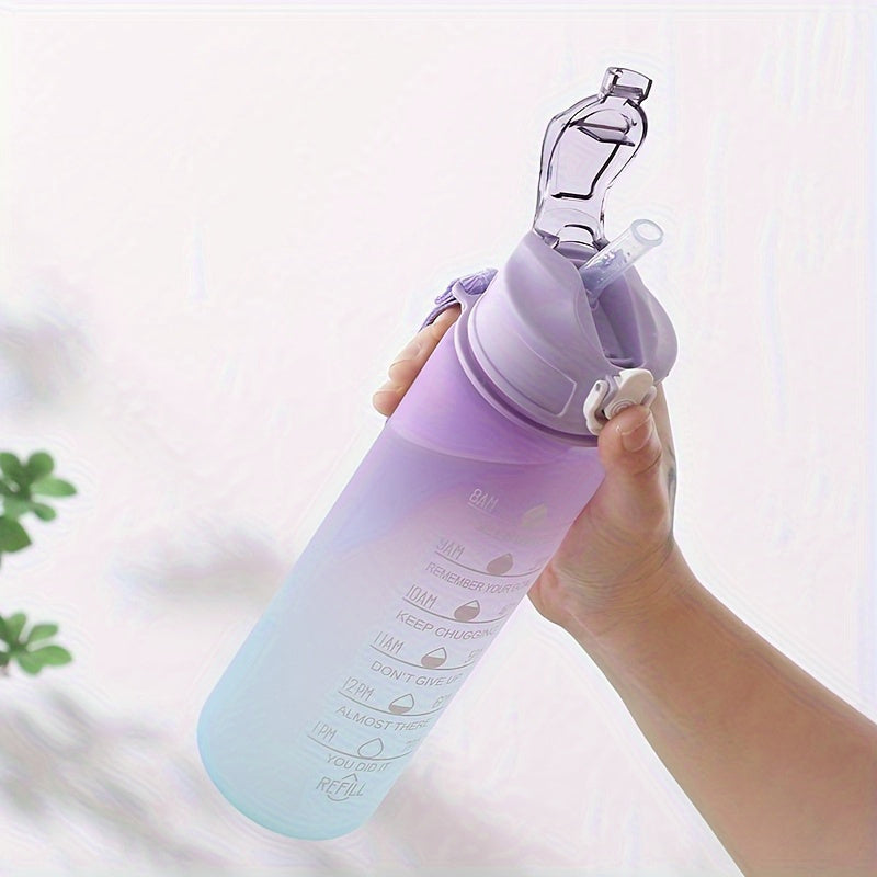 BPA-free sports water bottle with time marker, straw, leakproof design, inspirational quotes, suitable for various activities.