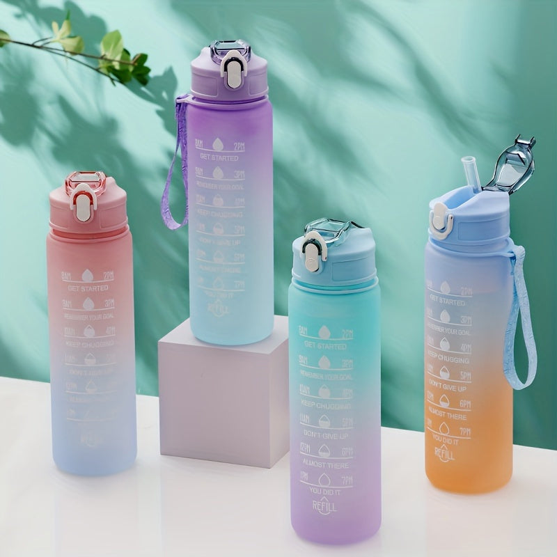 BPA-free sports water bottle with time marker, straw, leakproof design, inspirational quotes, suitable for various activities.