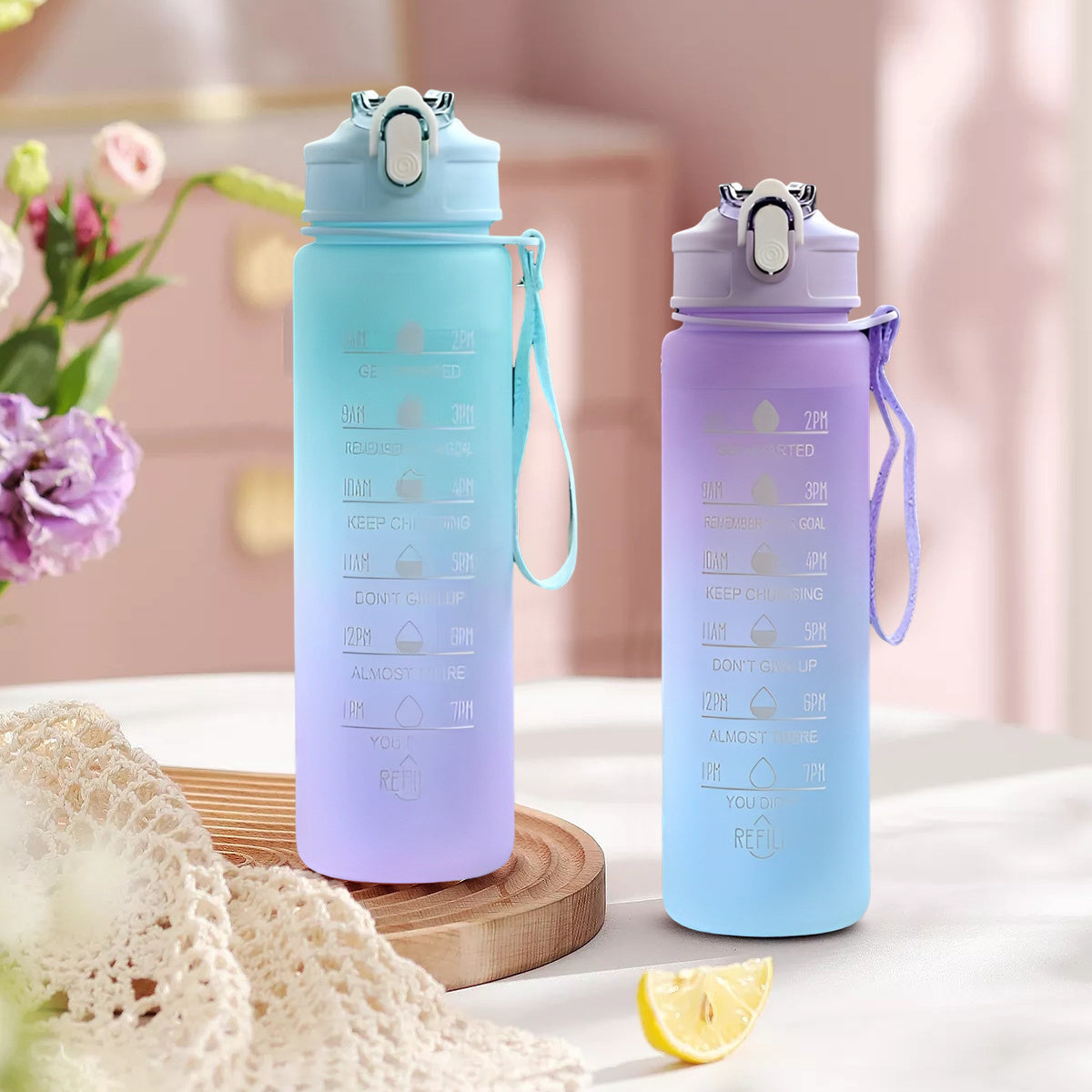 BPA-free sports water bottle with time marker, straw, leakproof design, inspirational quotes, suitable for various activities.