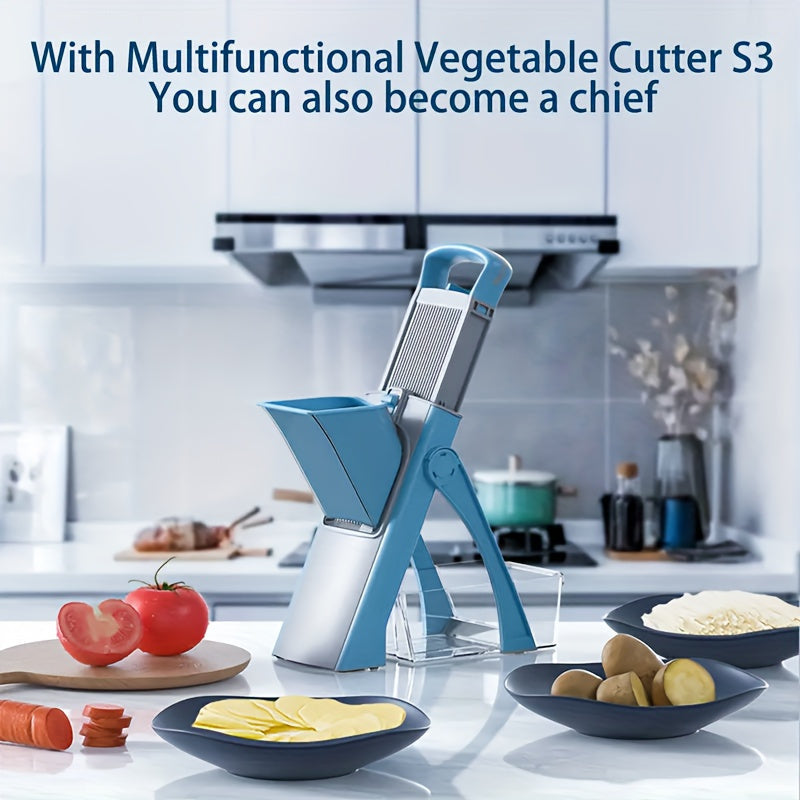 Multi-functional Manual Vegetable Cutter & Slicer - Safe Kitchen Tool with Grater, Comes with Storage Container