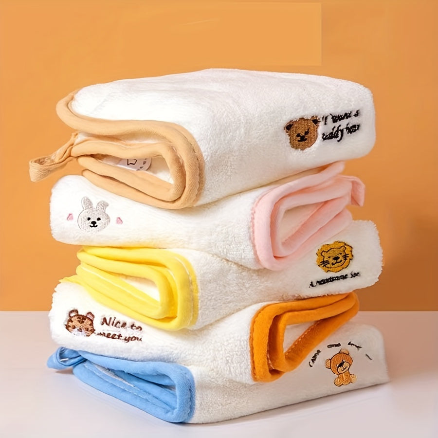 Soft square towels with embroidered animal design, made of coral fleece and woven polyester, perfect for bathroom and home use.