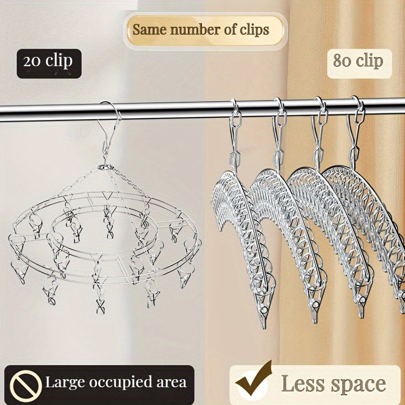 Compact Stainless Steel Clothes Hanger with 20 Clips - Sturdy & Corrosion-Resistant, Perfect for Air-Drying Socks, Bras, Underwear, Gloves, and Hats - Space-Saving Organizer for Neat Closet Storage, Clothing Hangers, Laundry Rack.