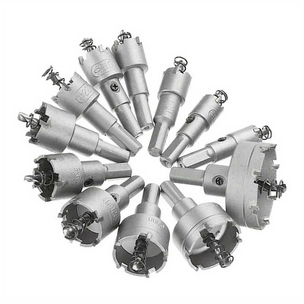 12pc alloy hole saw set for stainless steel drilling with carbide tip core drill bits in sizes 15-50mm.