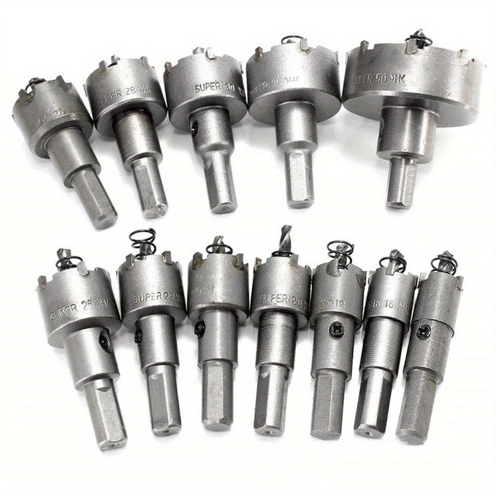 12pc alloy hole saw set for stainless steel drilling with carbide tip core drill bits in sizes 15-50mm.