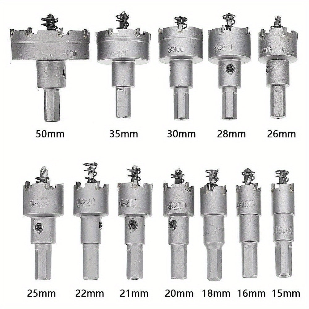 12pc alloy hole saw set for stainless steel drilling with carbide tip core drill bits in sizes 15-50mm.