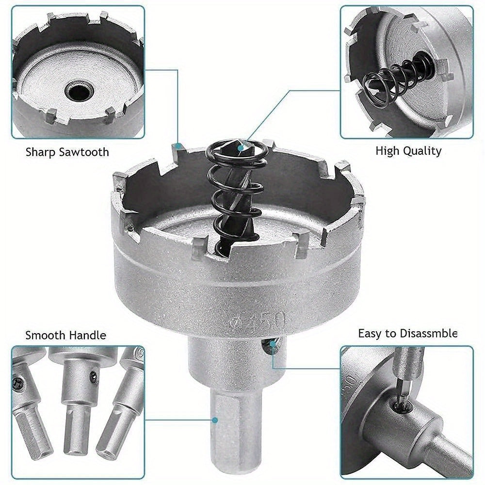 12pc alloy hole saw set for stainless steel drilling with carbide tip core drill bits in sizes 15-50mm.