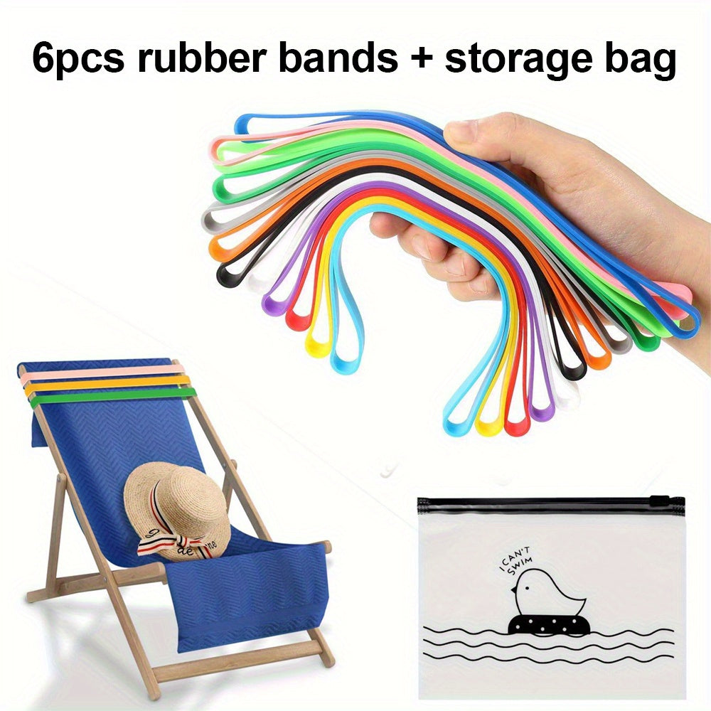 6pcs silicone towel bands for beach chairs, wind-resistant stretchable colorful towel holder straps for pool and cruise. Measures 19.0cm with contemporary beach essentials.