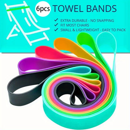 6pcs silicone towel bands for beach chairs, wind-resistant stretchable colorful towel holder straps for pool and cruise. Measures 19.0cm with contemporary beach essentials.