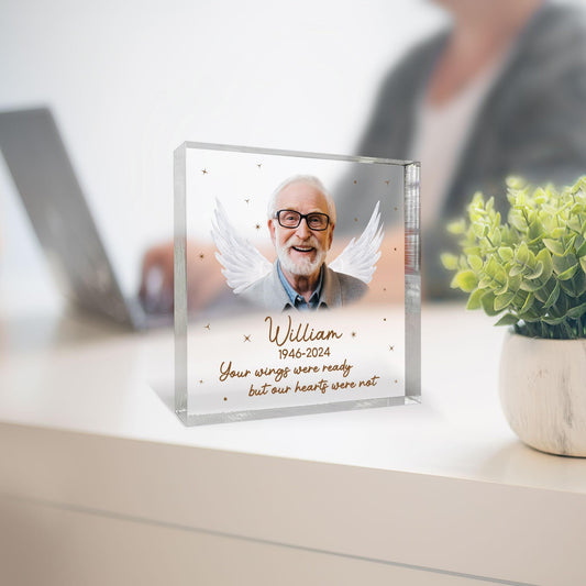 Personalized Acrylic Plaque with Photo for Remembering Father - Unique Sympathy Keepsake, Memorial Gift - Engraved Table Decor featuring Angel Wings - High-Quality and Elegant Bereavement Tribute