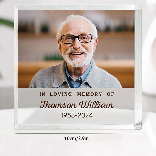 Square shaped table decor memorial plaque made of acrylic, custom designed as a tribute keepsake for lost loved ones. This personalized sympathy gift serves as a thoughtful remembrance for family members who have experienced the loss of a parent.