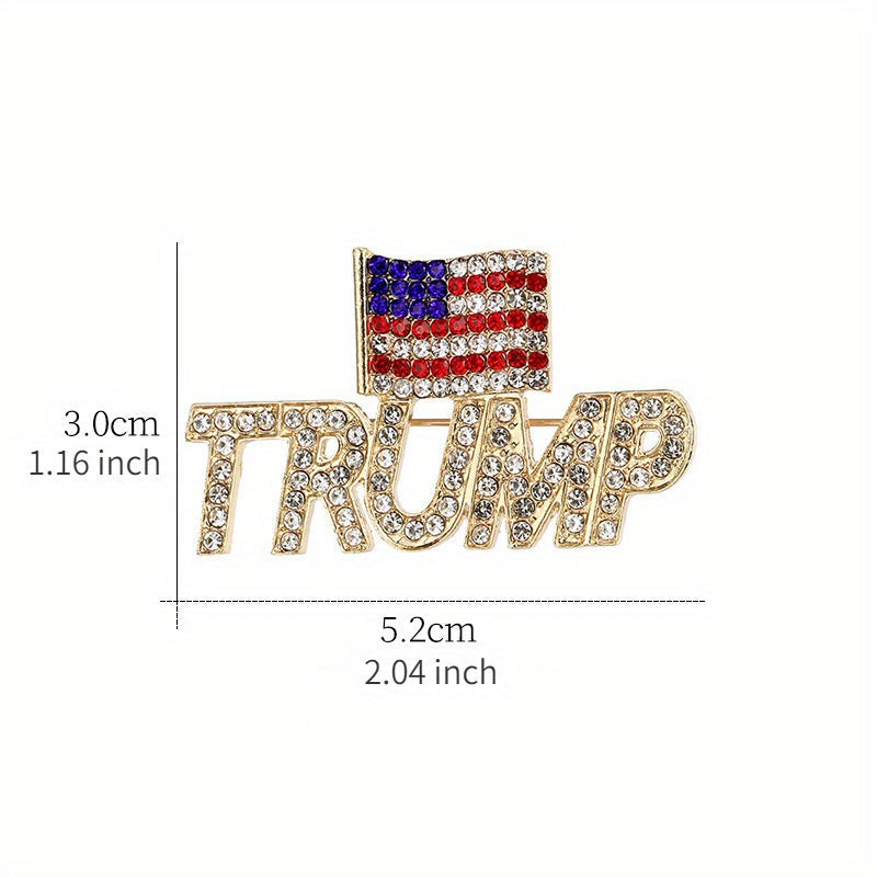 Add a touch of elegance with the Luxury Rhinestone Trump Brooch Pin featuring an American Flag design. This Novelty Irregular Shape Fashion Accessory is perfect for both men and women, showcasing an Elegant Crystal Patriotic Emblem. Available in a set of