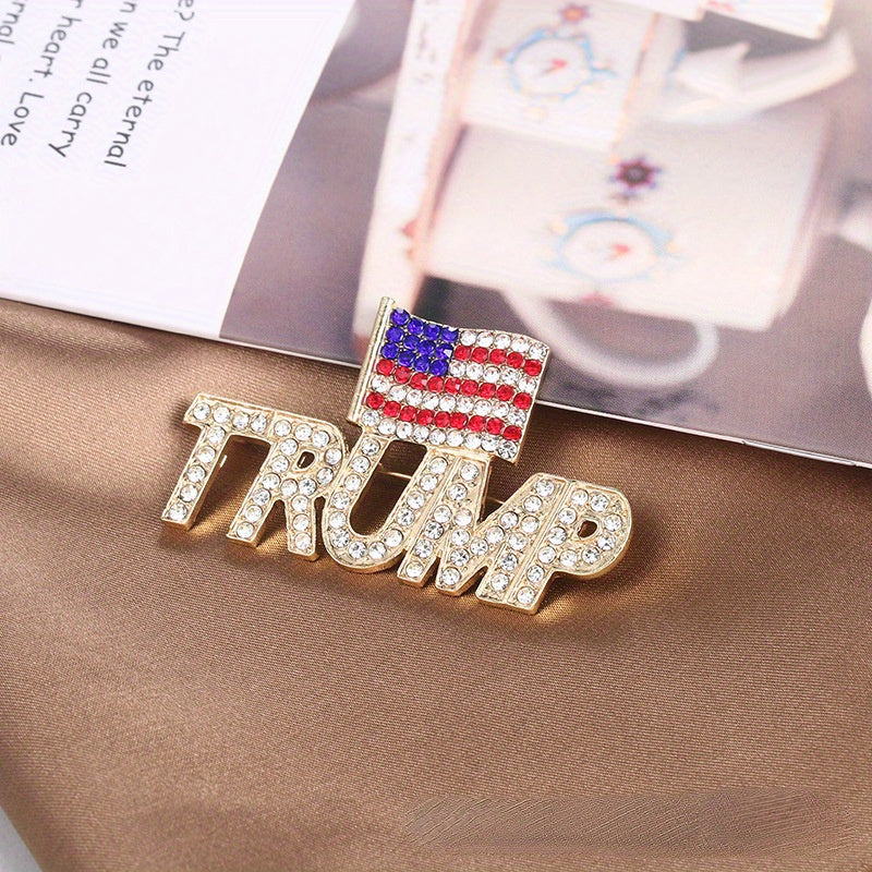 Add a touch of elegance with the Luxury Rhinestone Trump Brooch Pin featuring an American Flag design. This Novelty Irregular Shape Fashion Accessory is perfect for both men and women, showcasing an Elegant Crystal Patriotic Emblem. Available in a set of