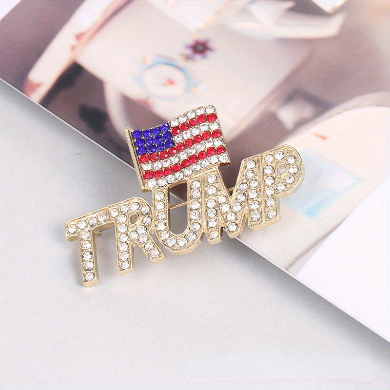 Add a touch of elegance with the Luxury Rhinestone Trump Brooch Pin featuring an American Flag design. This Novelty Irregular Shape Fashion Accessory is perfect for both men and women, showcasing an Elegant Crystal Patriotic Emblem. Available in a set of