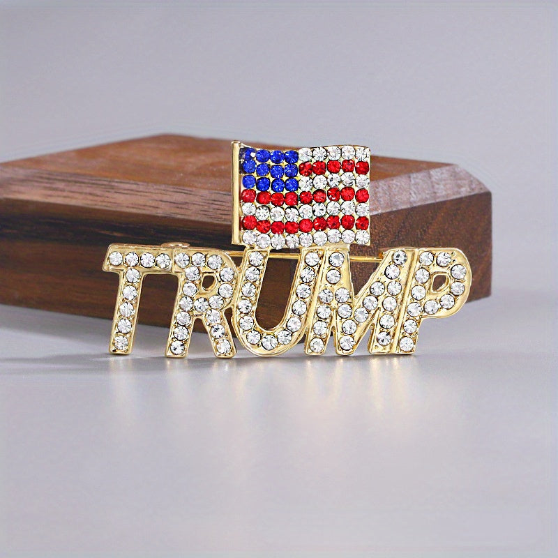 Add a touch of elegance with the Luxury Rhinestone Trump Brooch Pin featuring an American Flag design. This Novelty Irregular Shape Fashion Accessory is perfect for both men and women, showcasing an Elegant Crystal Patriotic Emblem. Available in a set of