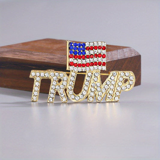 Add a touch of elegance with the Luxury Rhinestone Trump Brooch Pin featuring an American Flag design. This Novelty Irregular Shape Fashion Accessory is perfect for both men and women, showcasing an Elegant Crystal Patriotic Emblem. Available in a set of