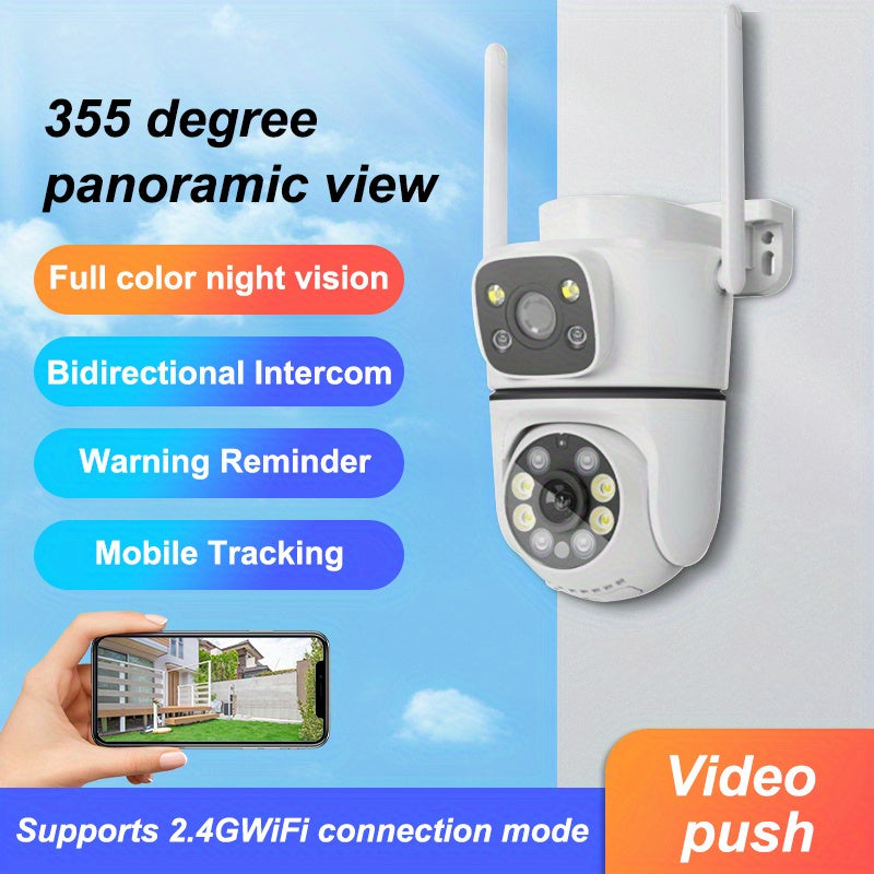 Teruhal 1pc 1080p HD Wireless Security Camera features dual lenses, pan tilt capability, night vision, motion detection, two-way audio, IP66 waterproof rating, WiFi connectivity, USB power source, smartphone compatibility, and can be used for indoor or