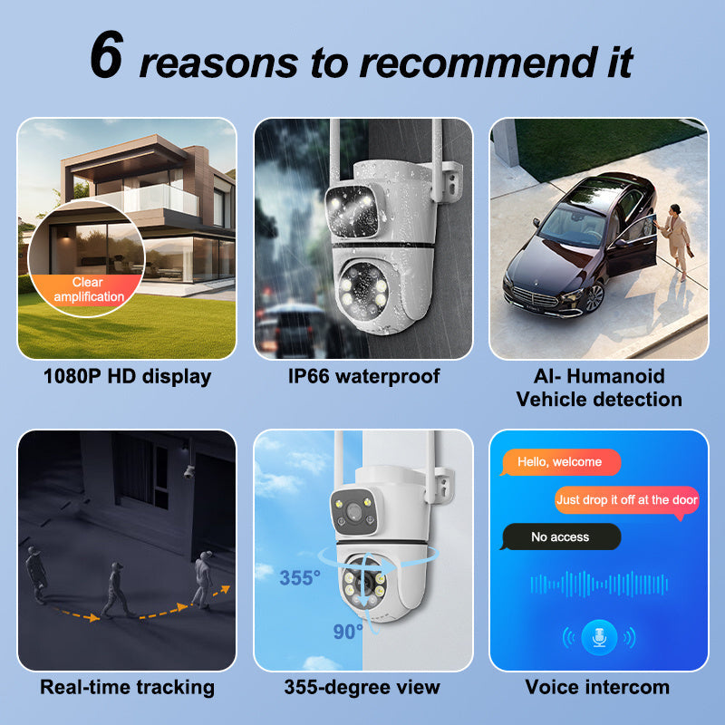 Teruhal 1pc 1080p HD Wireless Security Camera features dual lenses, pan tilt capability, night vision, motion detection, two-way audio, IP66 waterproof rating, WiFi connectivity, USB power source, smartphone compatibility, and can be used for indoor or