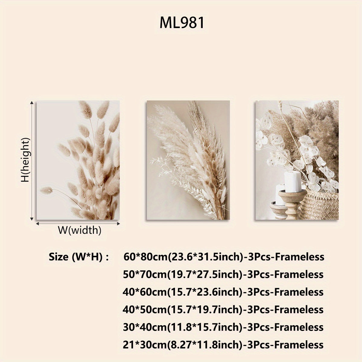 Современный комплект из 3-х частей безрамного холстового искусства с ботаническими принтами с травами пампас и листьями тростника, идеально подходящий для минималистичного декора в любой комнате дома.