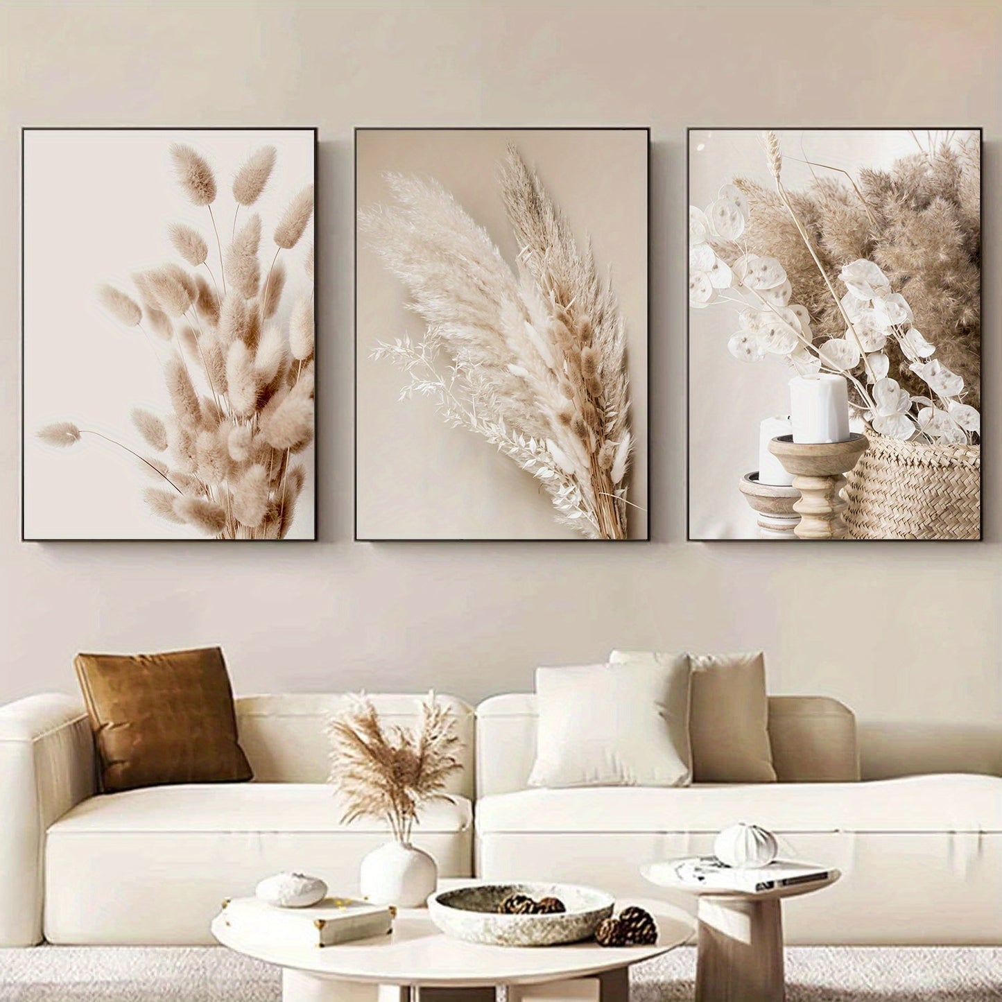 Modern 3-piece set of frameless canvas wall art with botanical prints of pampas grass and reed leaves, perfect for minimalist decor in any room of the home.