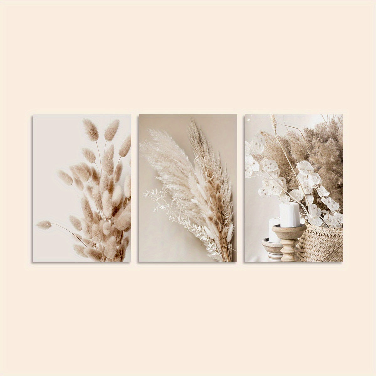 Modern 3-piece set of frameless canvas wall art with botanical prints of pampas grass and reed leaves, perfect for minimalist decor in any room of the home.