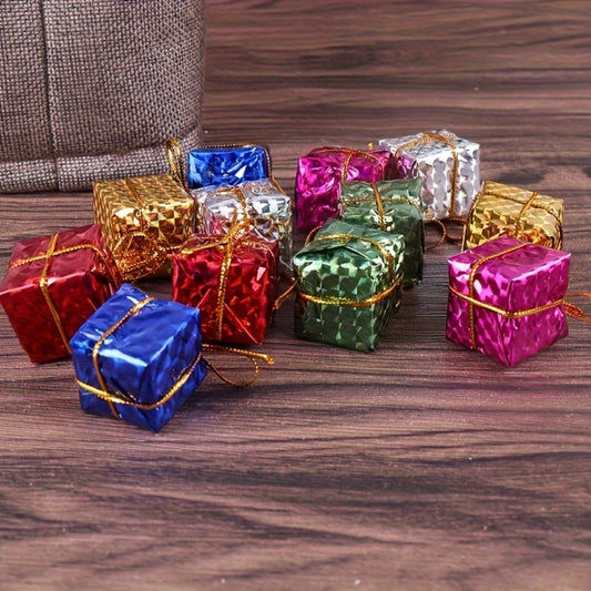 Set of 12 small Christmas gift boxes, 2.5cm/0.98inch in size. Plastic miniature presents for tree ornaments and party decorations, perfect for festive hanging accessories.