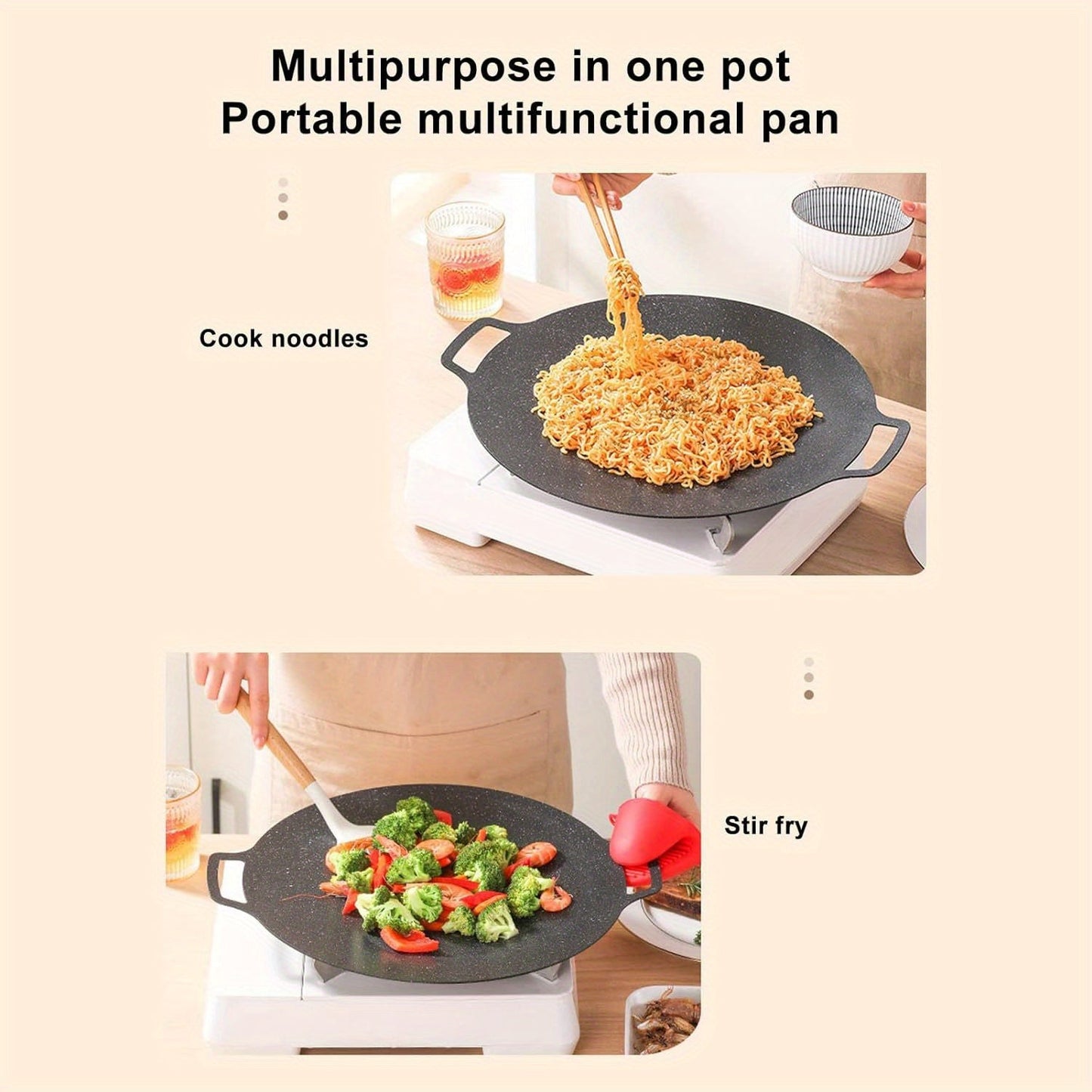 Eng ko'p sotiladigan yopishqoq dumaloq koreys gril panasi, tutqichi bilan, go'shtlar, pancake, qovurg'a uchun cast iron BBQ griddle - ko'p maqsadli pechka plitasi, 0.8mm qalin.