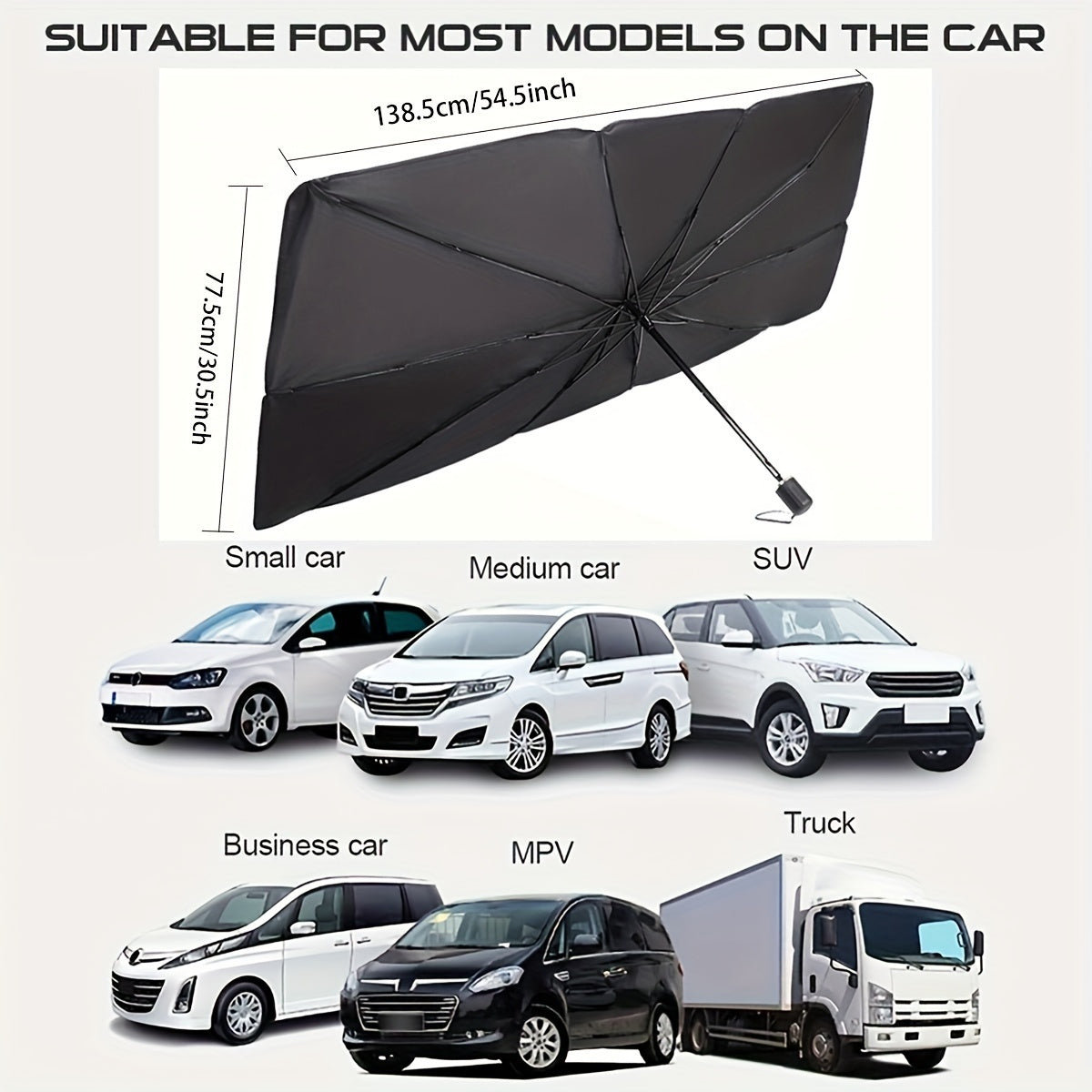 Portable UV protection car sunshade umbrella for most vehicles, with easy storage and thermal insulation.