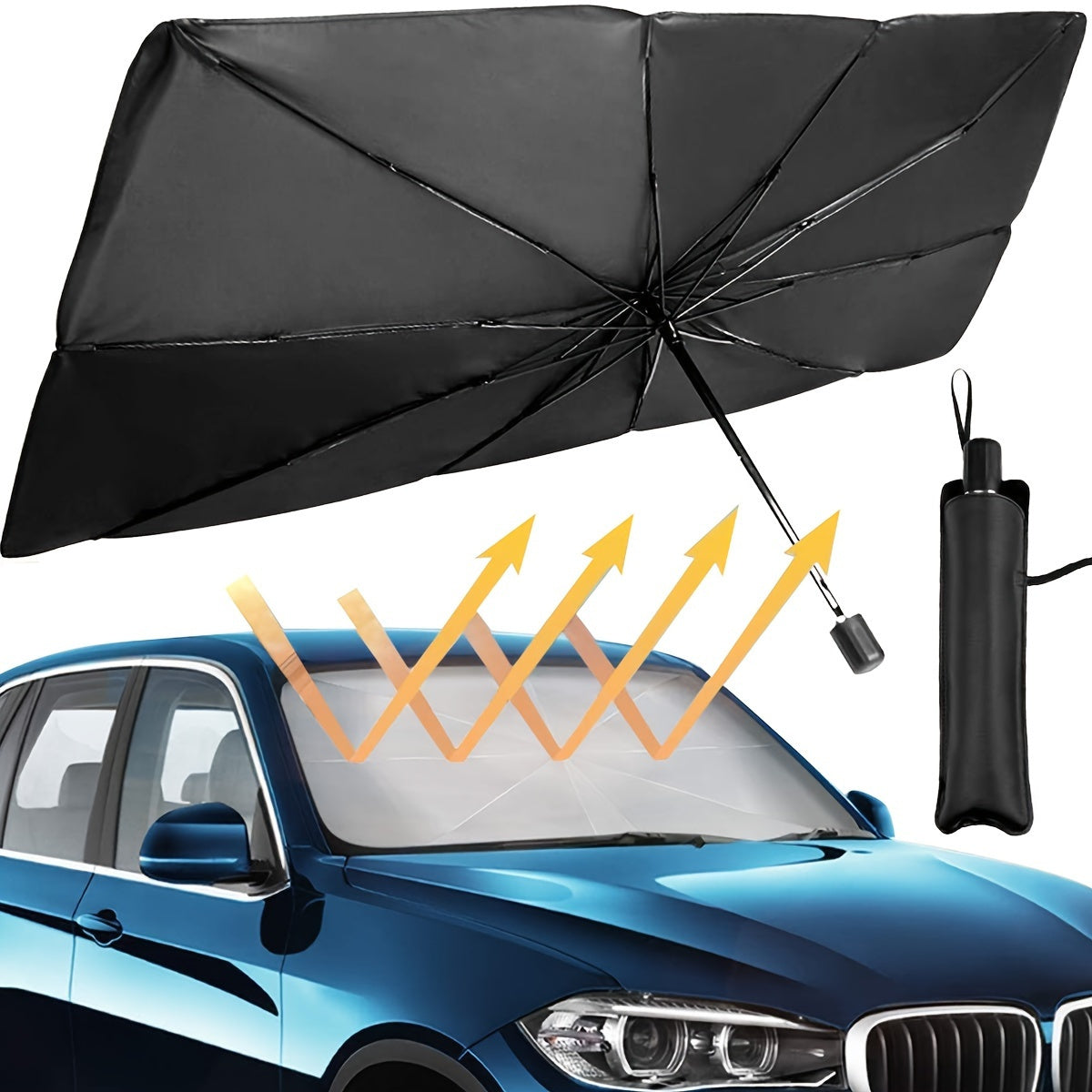 Portable UV protection car sunshade umbrella for most vehicles, with easy storage and thermal insulation.