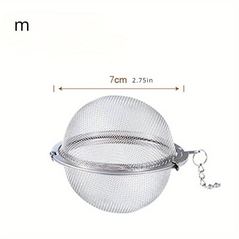 High-quality 304 stainless steel fine mesh tea and soup infuser ball for loose leaf tea, herbs, and spices. Sturdy construction with long chain hook for convenient use. Safe for food contact.