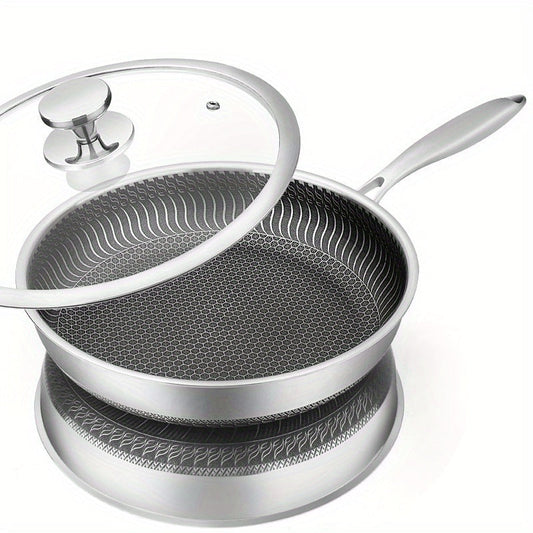 Stainless Steel Frying Pan with Lid - Non-Stick Coating, Ideal for Use on Electric Stoves and Gas Cooktops