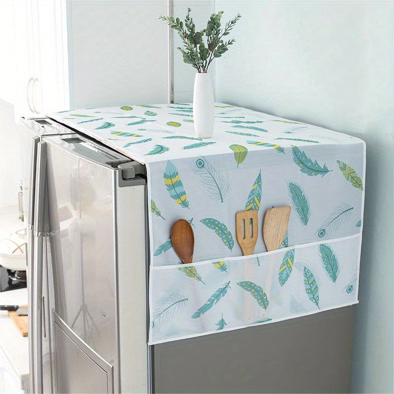 Protect your refrigerator and washing machine with this feather print dust cover. It features side storage pockets and is water and oil resistant, making it a convenient household appliance protector. Easily install it for kitchen convenience. (1 piece)