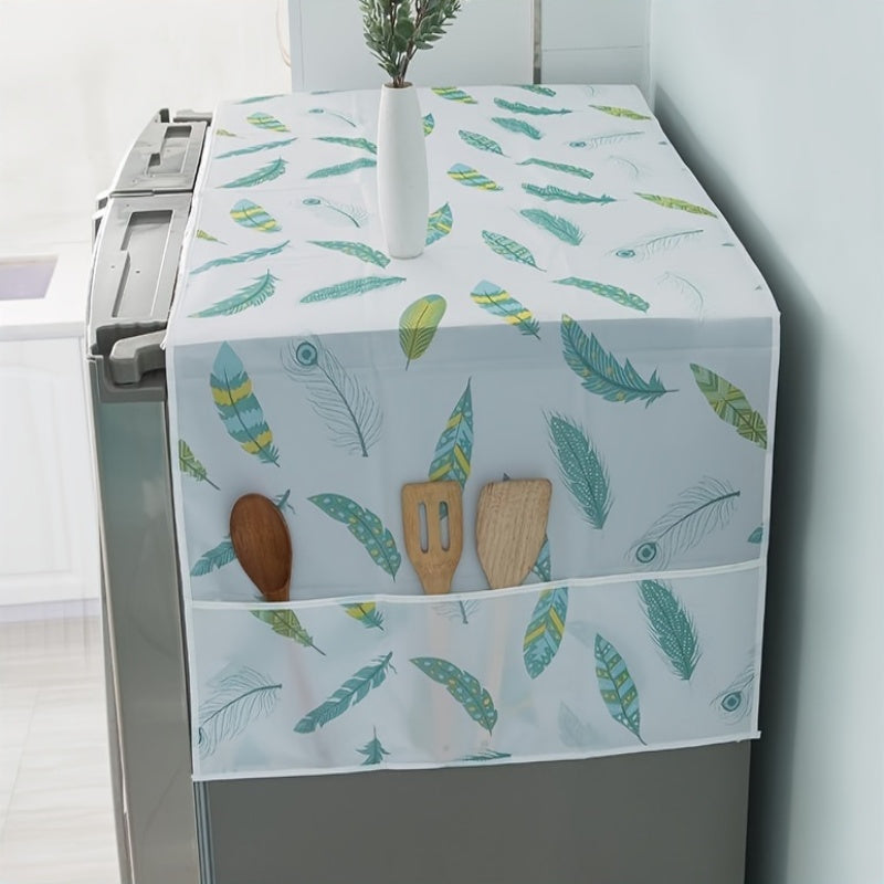 Protect your refrigerator and washing machine with this feather print dust cover. It features side storage pockets and is water and oil resistant, making it a convenient household appliance protector. Easily install it for kitchen convenience. (1 piece)