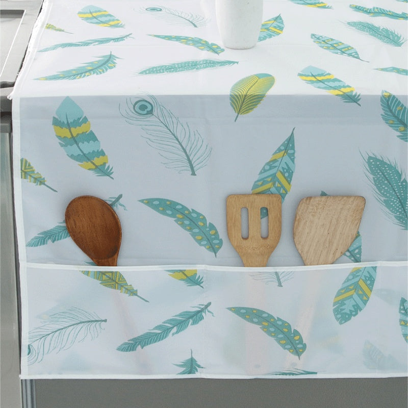 Protect your refrigerator and washing machine with this feather print dust cover. It features side storage pockets and is water and oil resistant, making it a convenient household appliance protector. Easily install it for kitchen convenience. (1 piece)