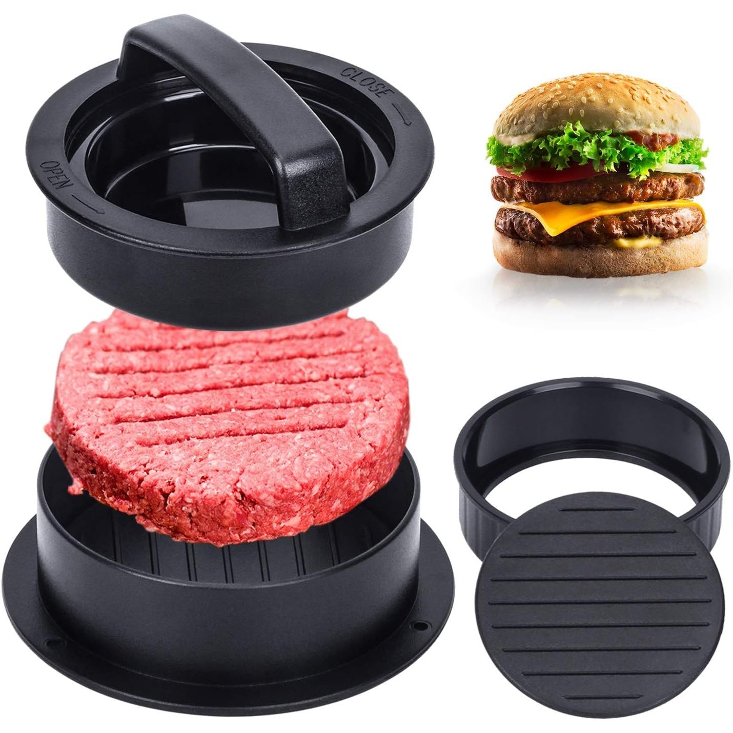 Non-stick qoplamali Gamburger Press va Patty Maker - Stuffed Burgers, Sliders va Beef Patties tayyorlash uchun ideal - Sizning oshxonangiz, BBQ yoki Barbecue uchun zarur bo'lgan gril asbobi