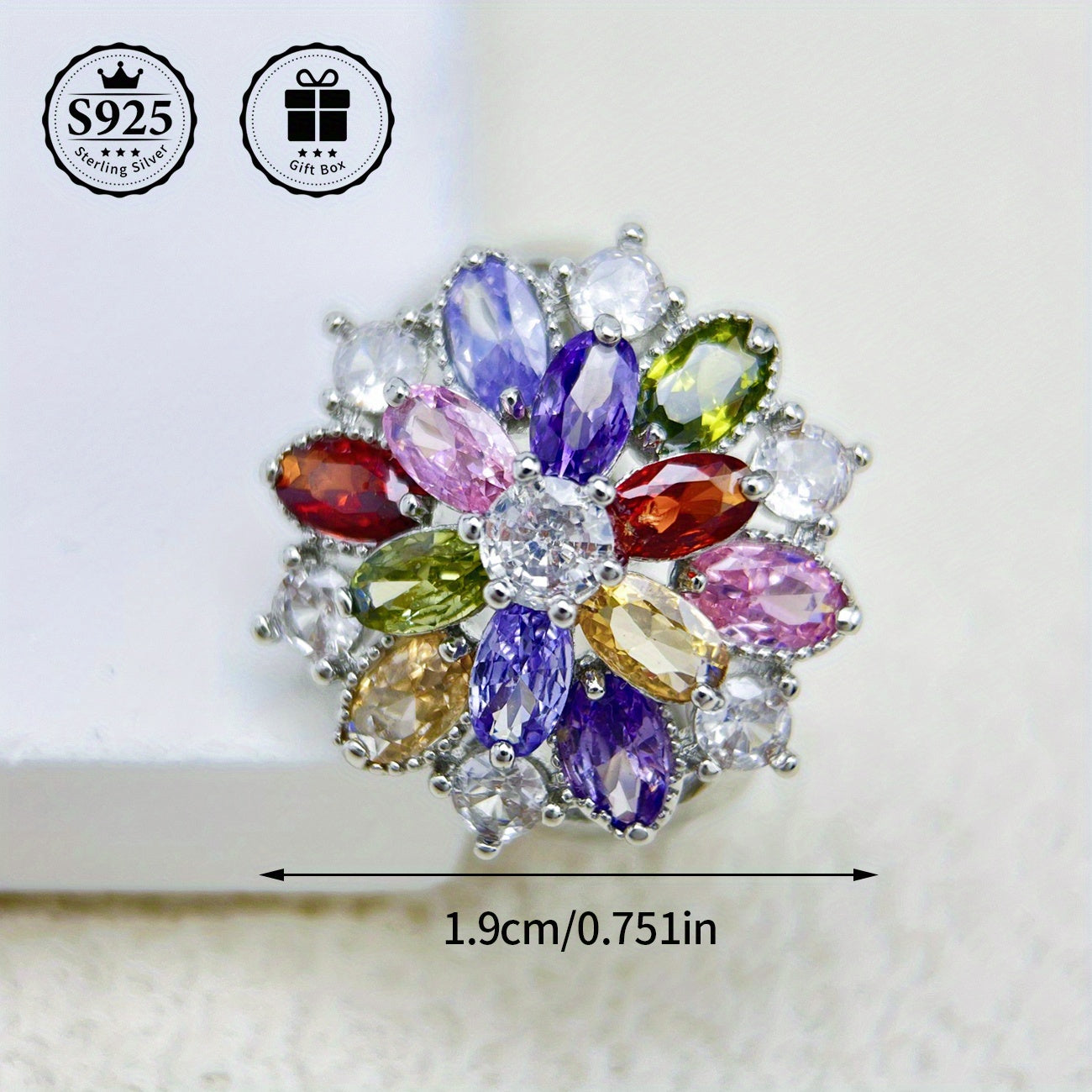 Sterling Silver Flower Ring embellished with 5A Grade Cut Zirconia Stones, ideal for special occasions like weddings and birthdays. Comes in a premium gift box, making it a high-quality present for friends and couples. Perfect for expressing love on