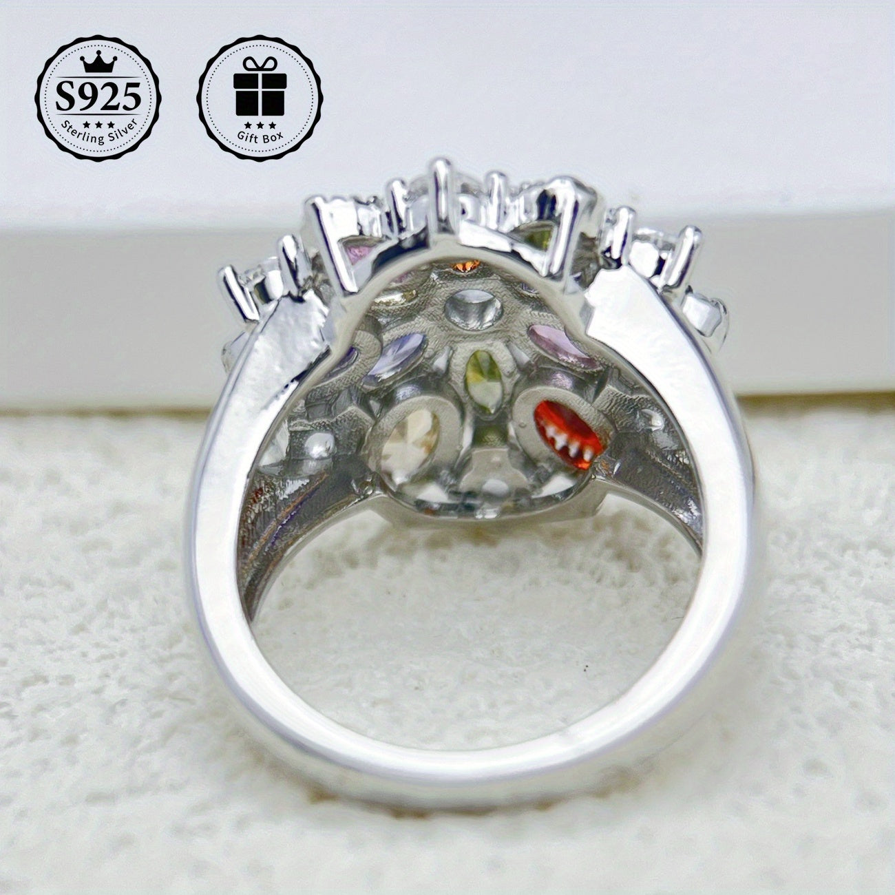 Sterling Silver Flower Ring embellished with 5A Grade Cut Zirconia Stones, ideal for special occasions like weddings and birthdays. Comes in a premium gift box, making it a high-quality present for friends and couples. Perfect for expressing love on