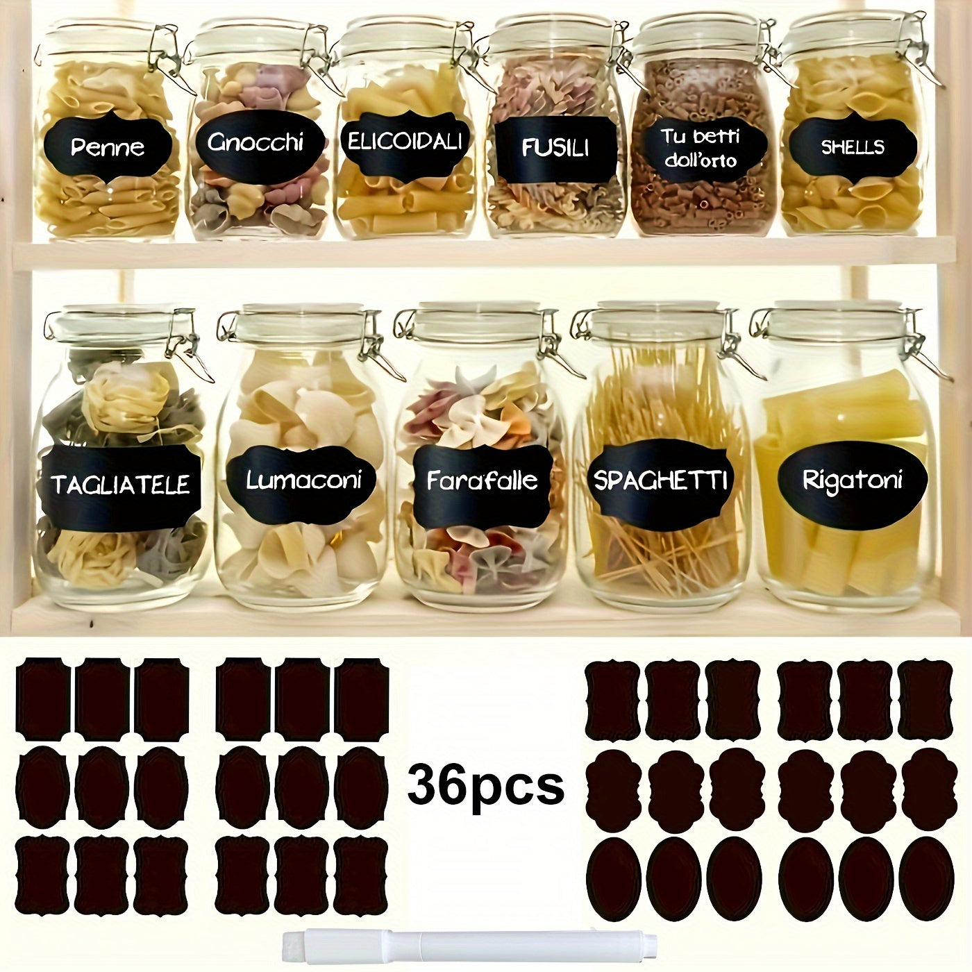 Essential Kitchen Organization: Set of 36 Reusable Food Storage Labels with Waterproof Pen - Self-Adhesive Blackboard Stickers for Spices and Cheese