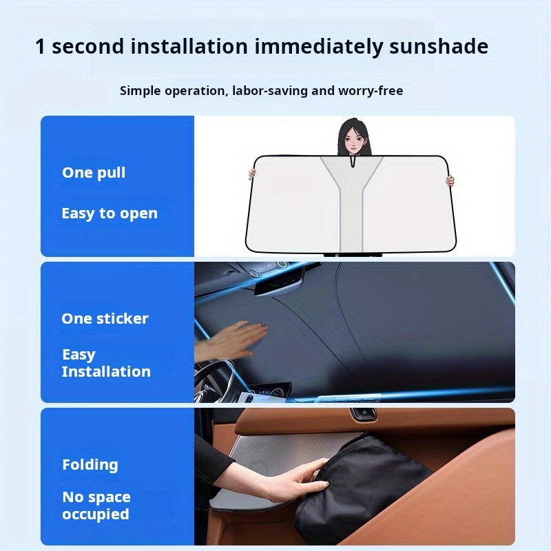 Portable car sunshade for front windshield.