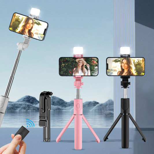 Universal selfie stick with tripod, wireless remote, ring light, built-in battery for live streaming and recording videos.