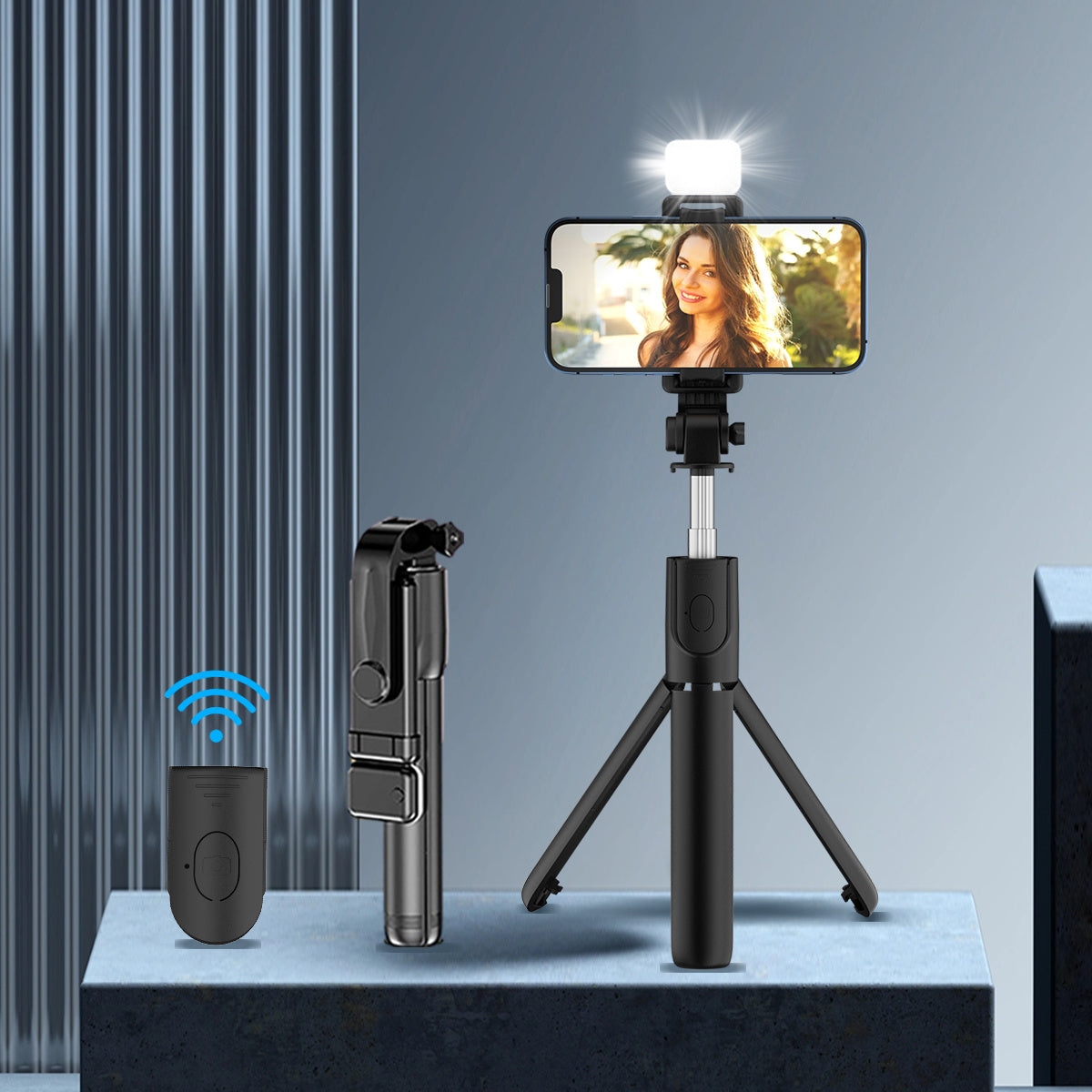 Universal selfie stick with tripod, wireless remote, ring light, built-in battery for live streaming and recording videos.