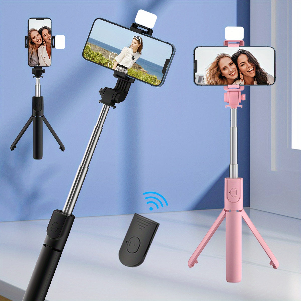 Universal selfie stick with tripod, wireless remote, ring light, built-in battery for live streaming and recording videos.