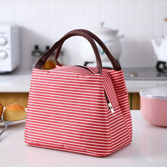 Portable Insulated Lunch Box Bag with Aluminum Foil Lining and Striped Design - Leak Proof and Reusable Bento Bag for Outdoor Picnics - Keeps Food Fresh and Warm - Convenient for Travel and Storage in the Kitchen