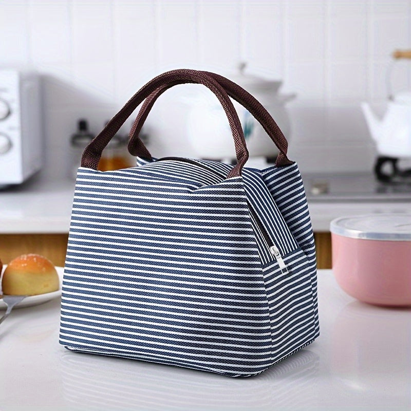 Portable Insulated Lunch Box Bag with Aluminum Foil Lining and Striped Design - Leak Proof and Reusable Bento Bag for Outdoor Picnics - Keeps Food Fresh and Warm - Convenient for Travel and Storage in the Kitchen