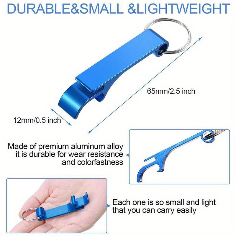 A pack of 100 durable aluminum bottle opener keychains in various colors for both men and women.