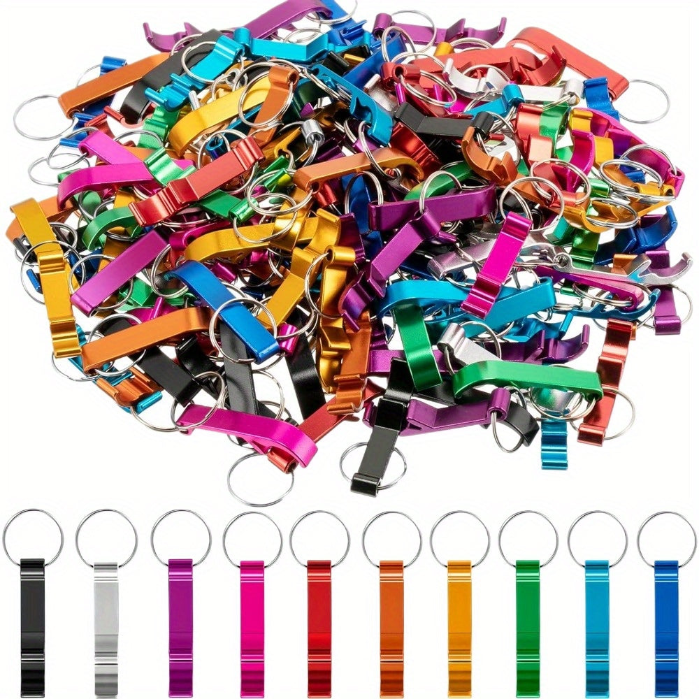 A pack of 100 durable aluminum bottle opener keychains in various colors for both men and women.