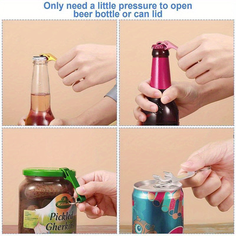 A pack of 100 durable aluminum bottle opener keychains in various colors for both men and women.