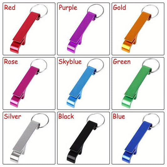 A pack of 100 durable aluminum bottle opener keychains in various colors for both men and women.