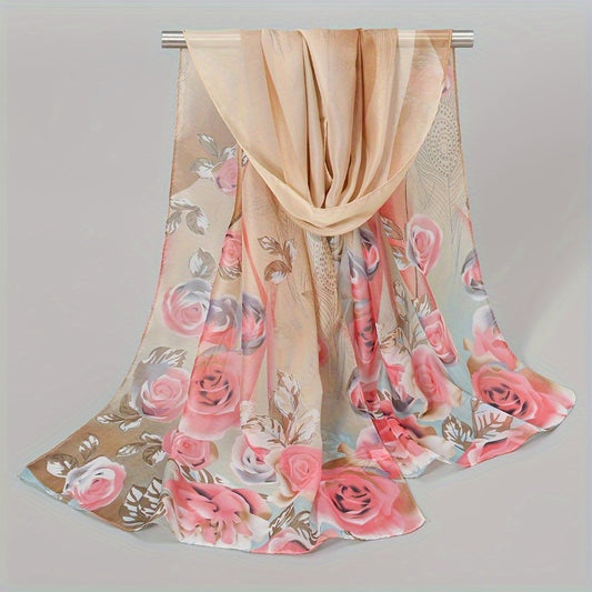 Lightweight chiffon floral print scarf for women, vintage colorful flower shawl perfect for winter warmth.