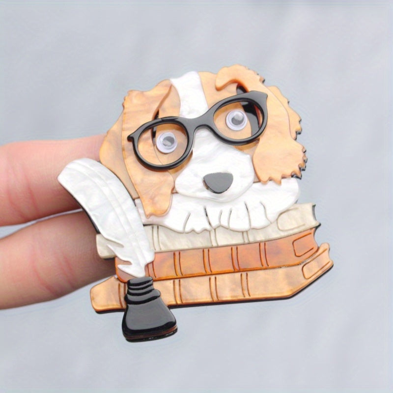 Adorable Animal Pin for Women - Custom Acrylic Dog Brooch featuring a Book Design