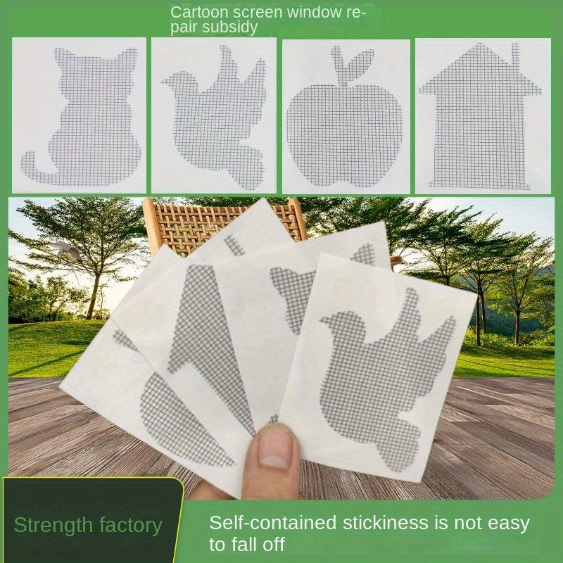 10-Pack of Contemporary Self-Adhesive Window Screen Repair Patches - Assorted Cartoon Shapes Mosquito Net Hole Repair Stickers with Strong Adhesive, Durable Mesh for Ventilation.